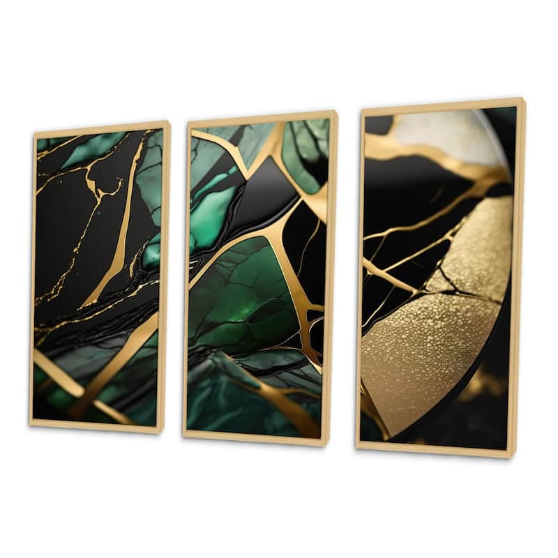 Designart "Abstract Geode Green III" Abstract Marble Framed Canvas Art Print - 3 Panels