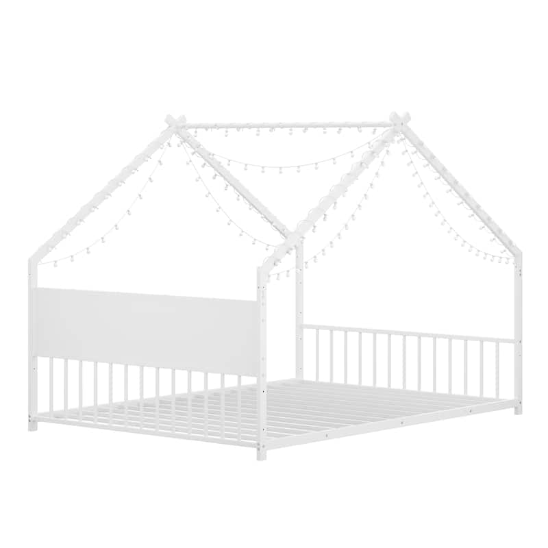 Full Size Canopy House Bed with LED Lights, Sturdy Metal Frame & Slats for Kids & Teens, No Box Spring Needed (White)