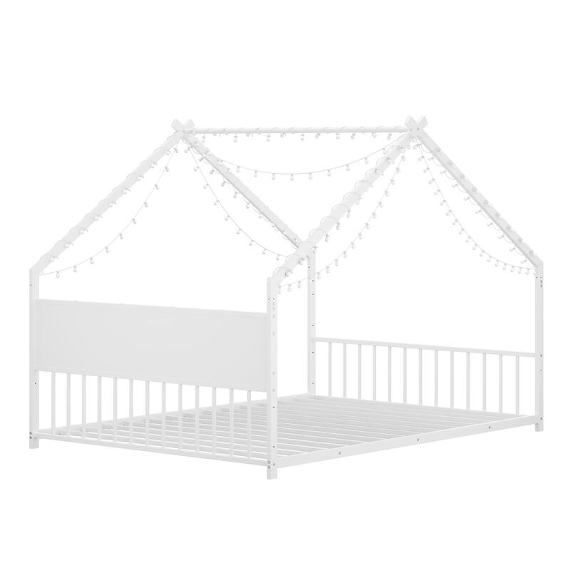 House Bed with Roof and Colorful Lights, House-shaped Frame Floor Bed with House Roof Frame, Metal Bed Frame with Slats and Legs