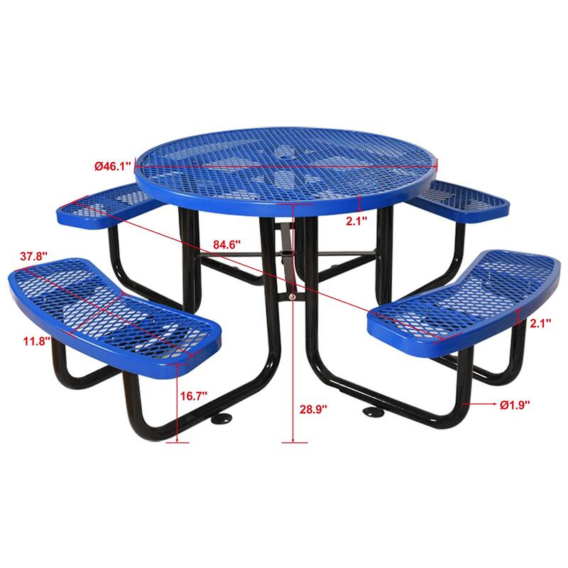 46" Round Outdoor Steel Picnic Table in Blue with Umbrella Hole