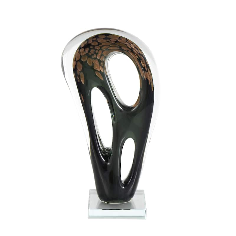Black Glass Curved Cutout Abstract Decorative Sculpture with Gold Spotted Accents