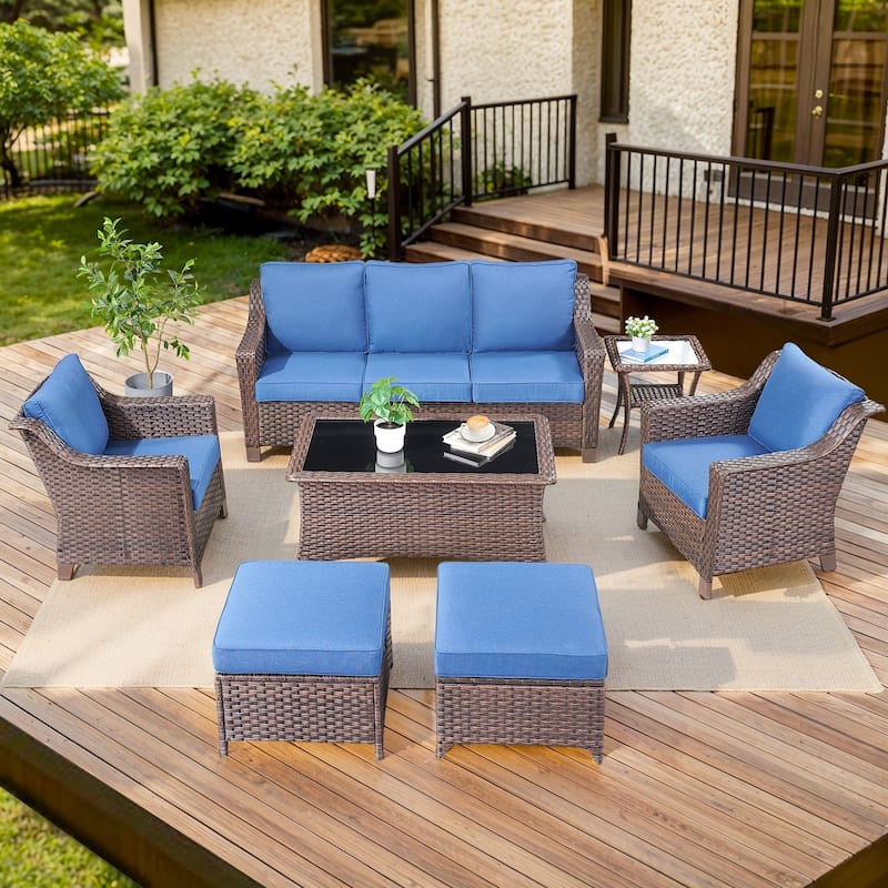Outdoor Patio Furniture Set for Porch Garden - Brown - Blue - Brown