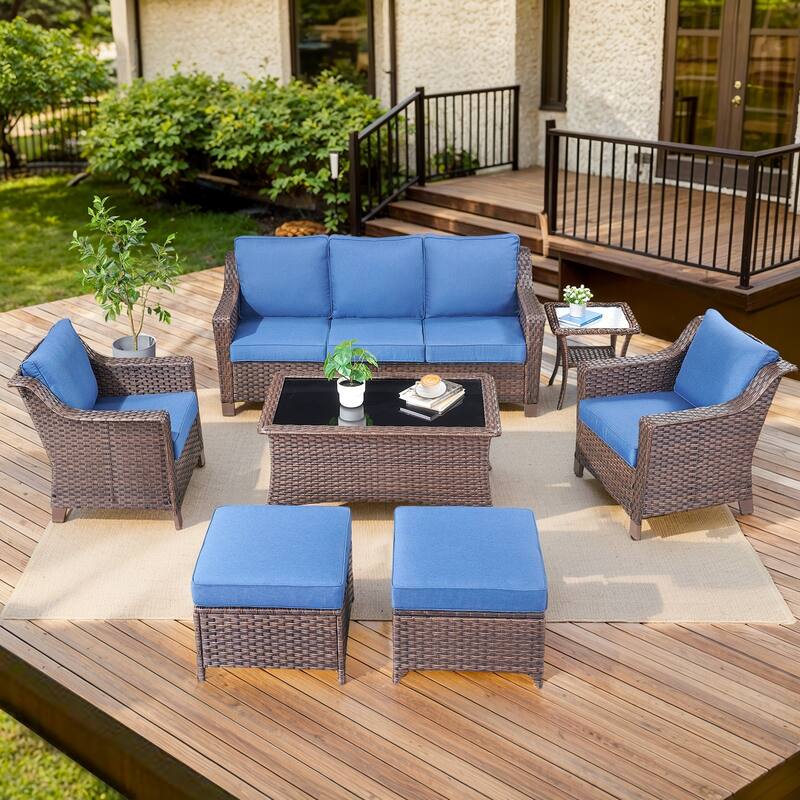 Outdoor Sofa Seating Chair with Ottoman and Table - Blue - Brown