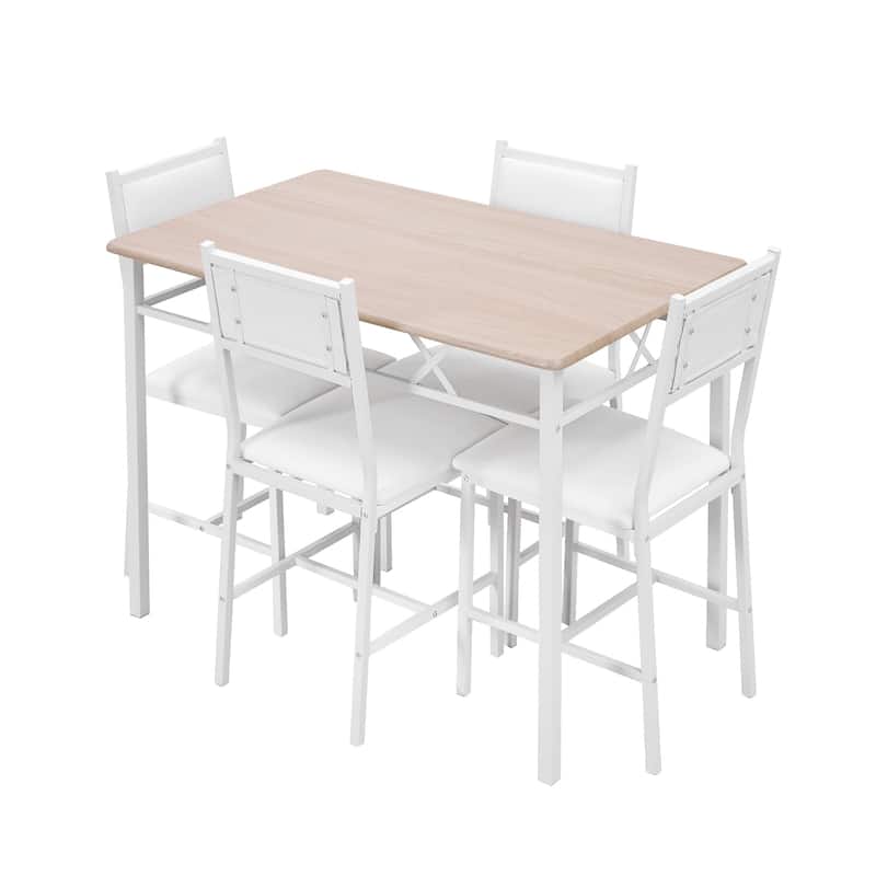 Javlergo 5-Piece White Frame Dining Set with Oak MDF Top PU Leather Chairs with Foam Padding Space Saving for Small Spaces