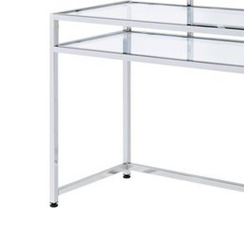 2 Piece Metal Vanity Set, Tempered Glass, Faux Fur Seat, 1 Shelf, Silver