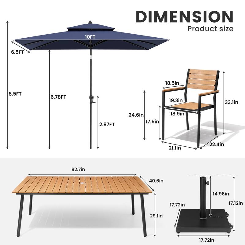 11-Piece Outdoor Dining Set 8 Stackable Chairs and Aluminum Table w/ 10 ft Umbrella and Base Stand