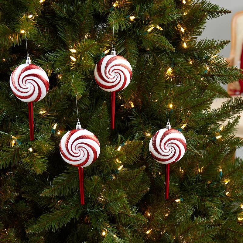 4ct White and Red Shatterproof 2-Finish Christmas Candy Ornaments 7"