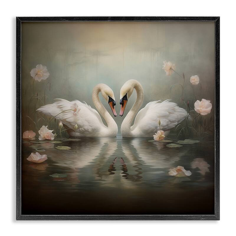 Stupell Romantic Swans in Floral Pond Framed Giclee Art Design By Arlington Prints - 24 x 24 - Black