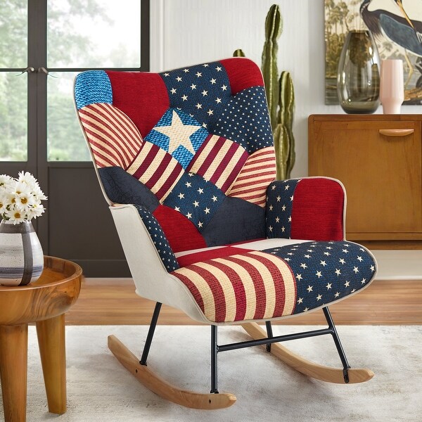 Fabric Upholstered Wingback Rocking Chair Nursery Rocker Glider with Solid Wood Legs