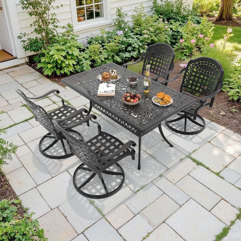 5-Piece Aluminum Rectangular Outdoor Patio Dining Set, 4 Cushioned Swivel Chairs, Table, All-Weather Frames