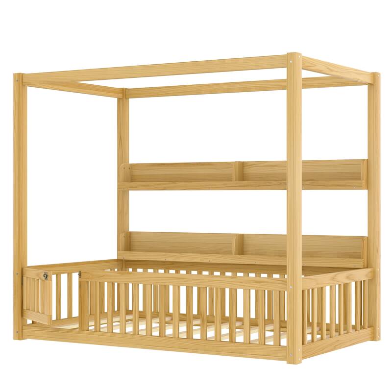 Roomfitters Canopy Floor Bed with Guardrails and Shelves, Solid Wood Montessori Frame