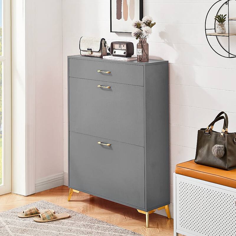 Entryway Wood Shoe Storage Cabinet-2 Tire Drawers-Up to 16 Pairs Shoes