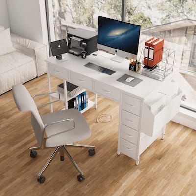 Computer Desk Writing Desk With Power Outlet,7 Drawers,Vanity Table with Side Pocket