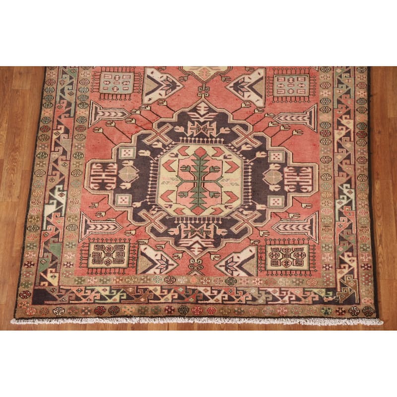 Pink Geometric Meshkin Persian Vintage Area Rug Handmade Wool Carpet - 4'11"x 9'10"