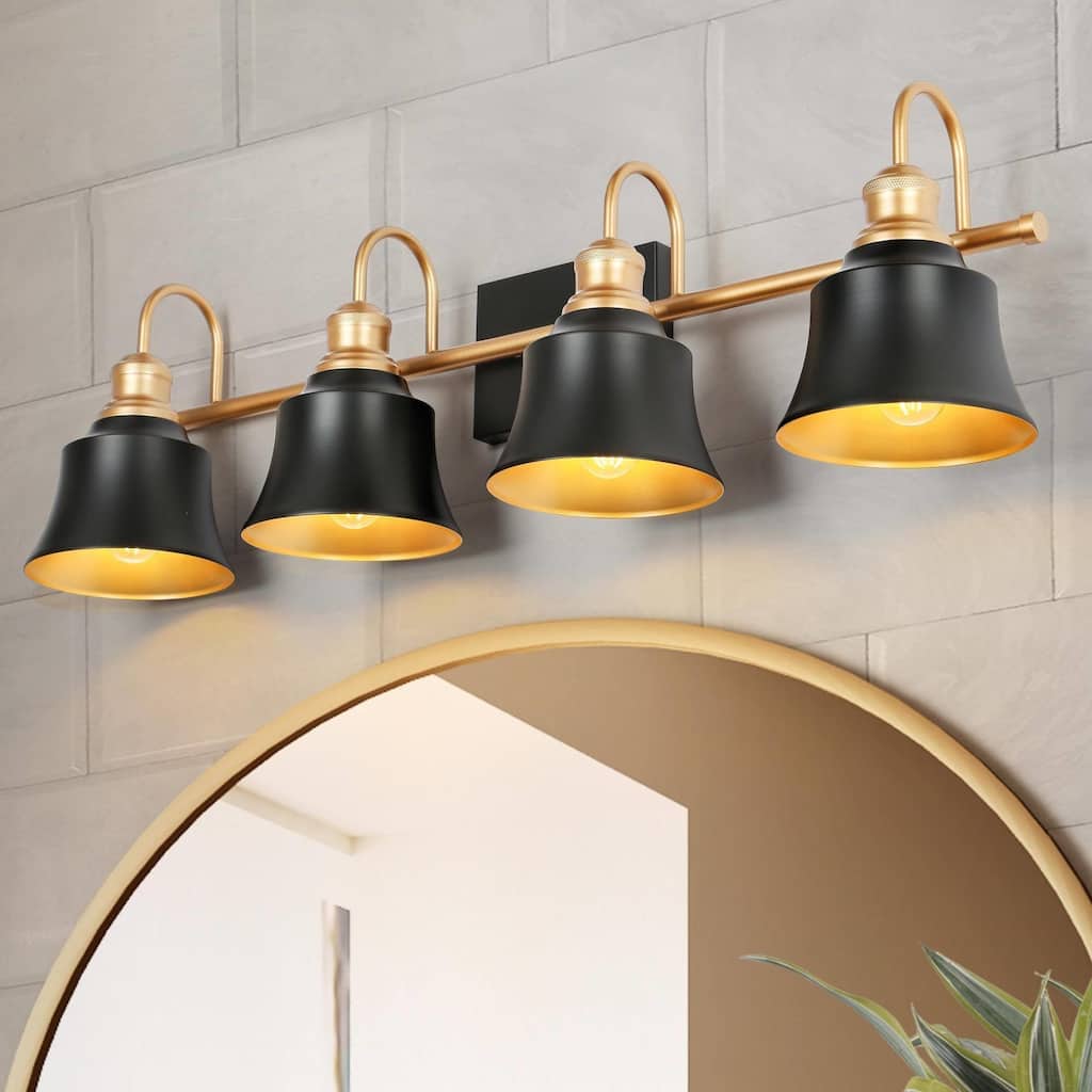 Farmhouse Rustic Black Metal 4-light Bathroom Vanity Light with Bell Metal Shade - L 31" x W 7.5" x H 9"