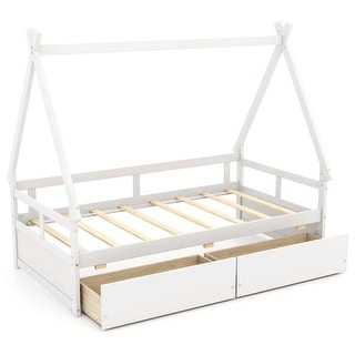 Costway Twin Size House Bed with Roof Safety Guardrail 2 Storage