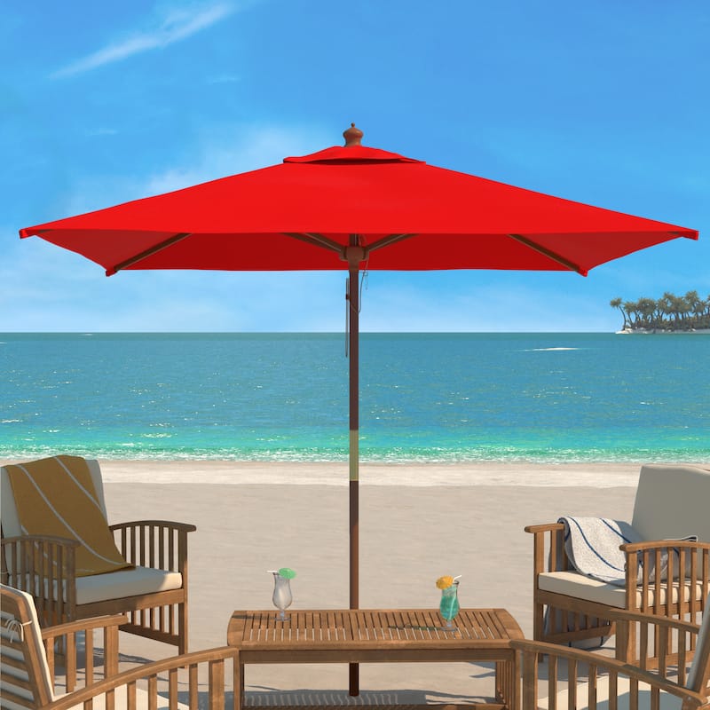 SAFAVIEH Fabjola 7.5 Foot Square Wooden Pulley Market Umbrella - Red