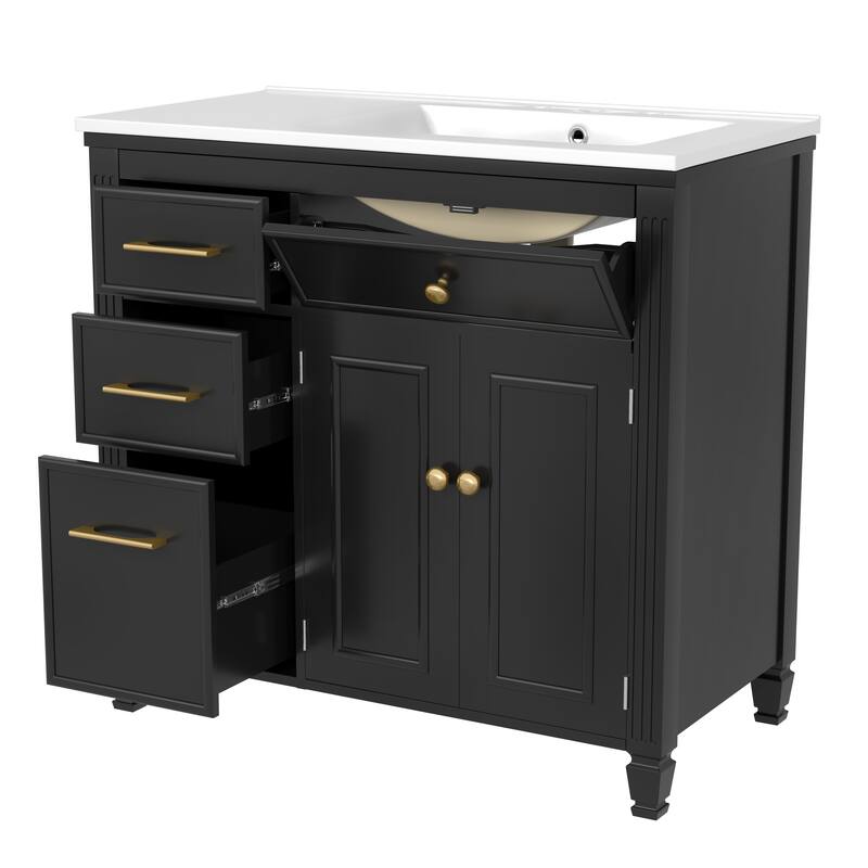 Roomfitters Bathroom Vanity with Sink, Ceramic Basin with One Tip-out Drawer, Three Side Drawers and Adjustable Shelf