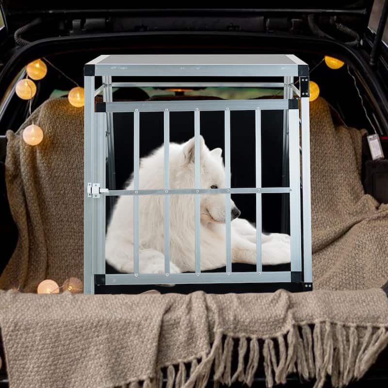 GDFStudio - Miller Aluminum Double Doors Travel Crate Trapezoidal Kennel Dog Cat Carrier Durable - Black,Silver