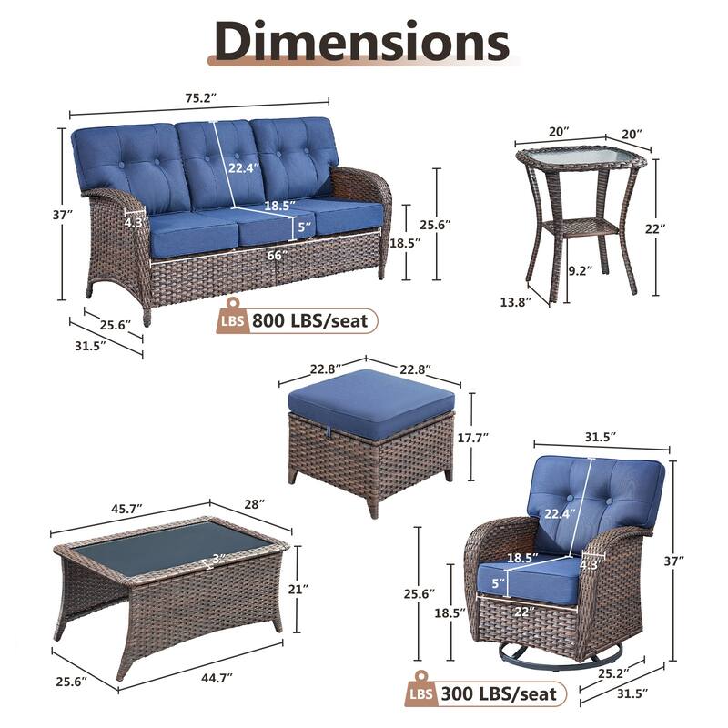 TWrap 7-Piece Patio Brown Wicker Sofa Conversation Set with 5-Inch Thick Cushions
