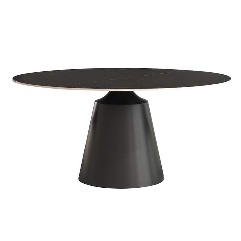 Modern Round Rock Slabs Black Titanium Stainless Steel Pedestal Dining Table - 4 Seats - Black