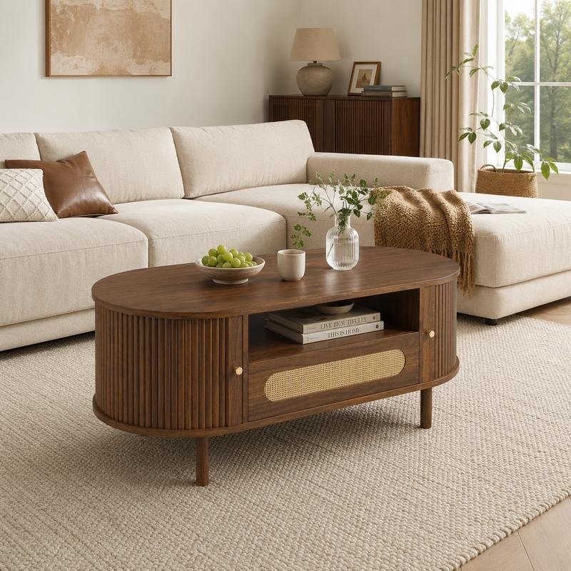 Spruce & Spring Rattan Coffee Table with Fluted Sliding Doors.