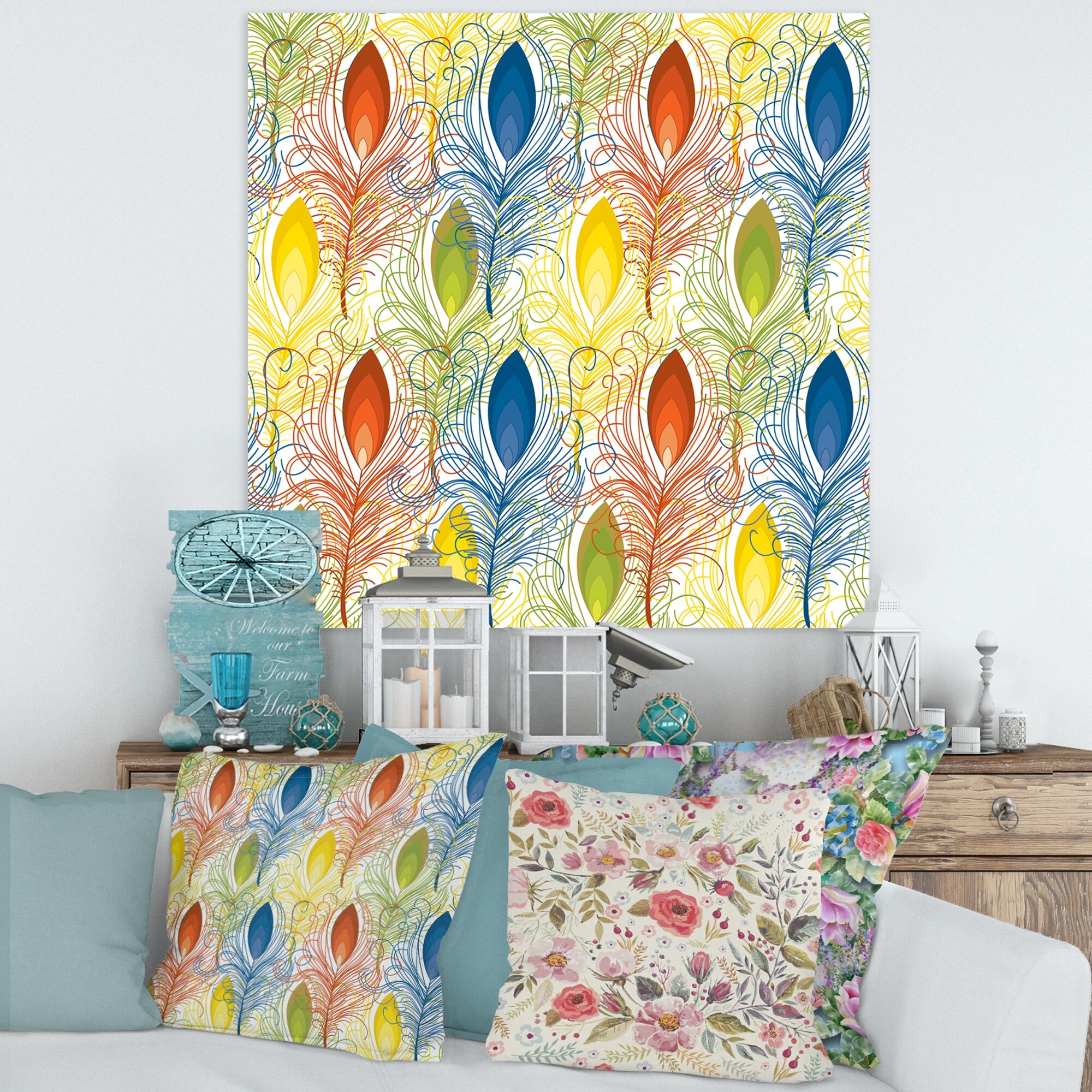 Designart Blue Yellow And Red Boho Feathers Bohemian Canvas Wall Art Print 36 in. wide x 36 in. high