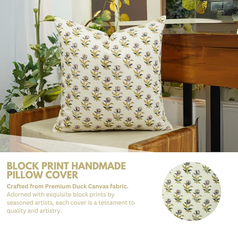 Fabdivine Hand Block Print Pillowcase in Cotton for Hotel Floral Cushion Cover Farmhouse Throw Décor, Coastal Tulip