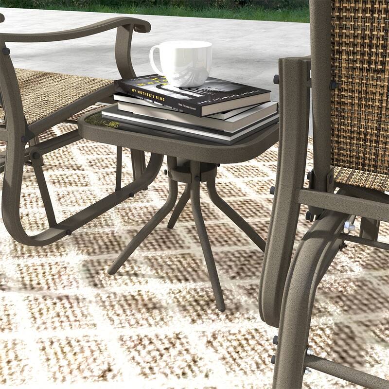 Three Piece Outdoor Gliding Patio Set with Two Chairs and Square Tea Table Powder Coated Steel and Mesh Fabric