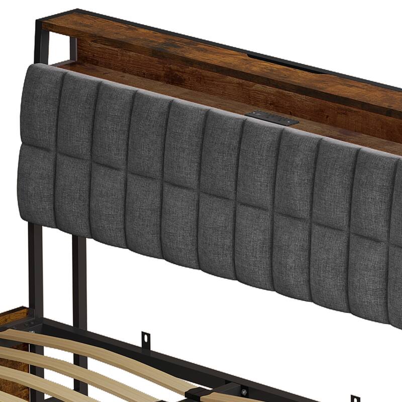 Moasis Lift-Up Storage Bed Frame with Charging Station & Storage Headboard