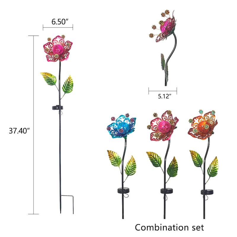 Adeco Set of 3 Solar LED Metal Flowers Garden Stakes