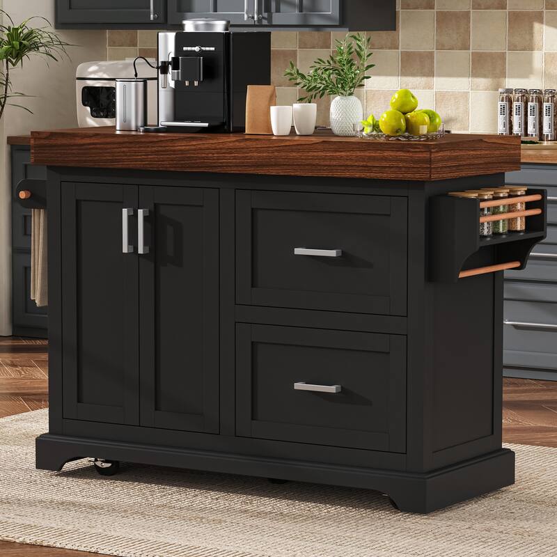 53" Large Kitchen Island with 3.5" Thick Desktop, Spice and Towel Racks, Kitchen Island with Storage on 5 Wheels, 2 Drawers - Black