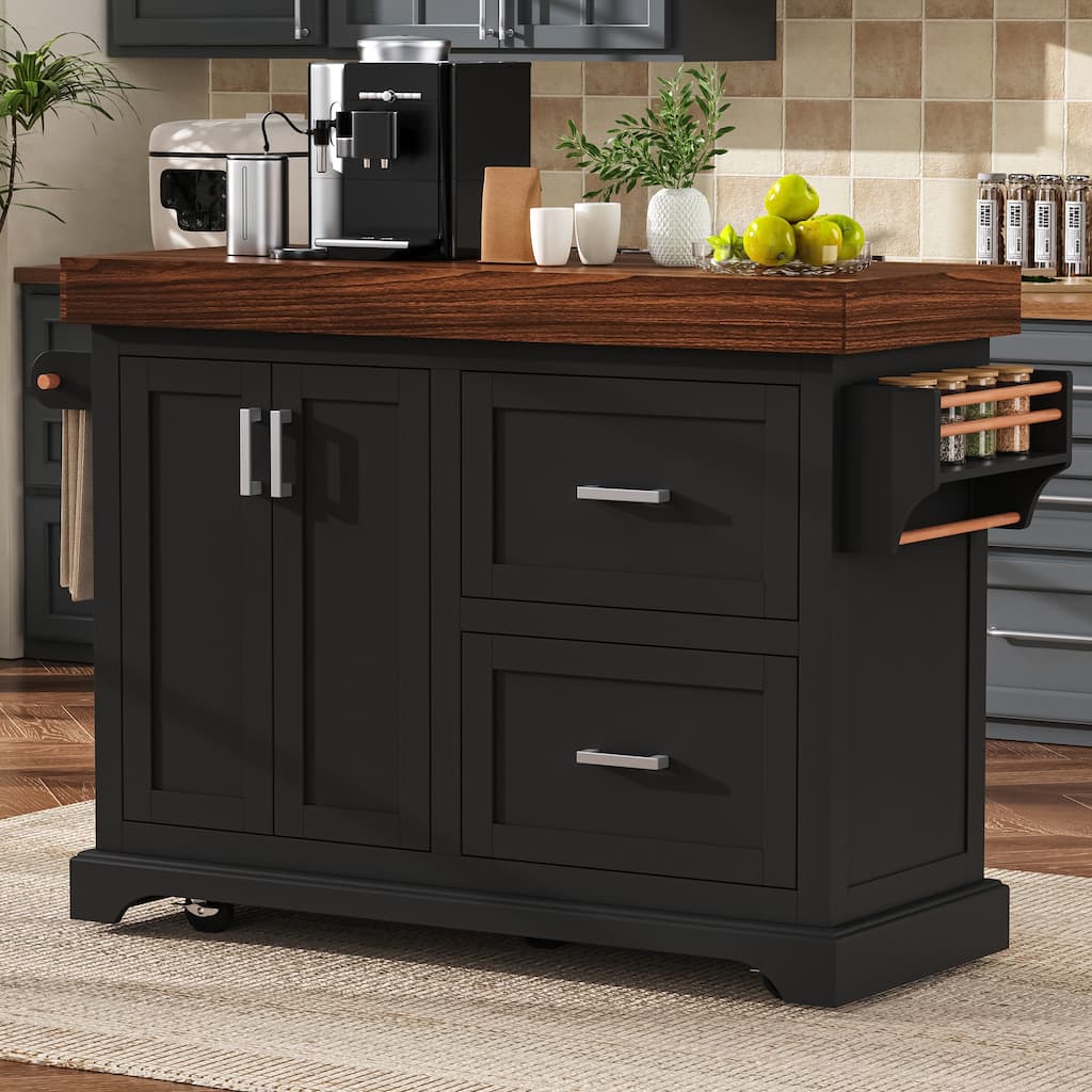 53" Rolling Kitchen Island with Spice and Towel Racks, Kitchen Storage Cart with Cabinet and Drawers