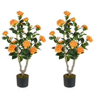 Set of 2 Artificial Camellia Trees 36 Inch Lifelike Indoor Decorative Plants with Cement Pots - 5" x 36"