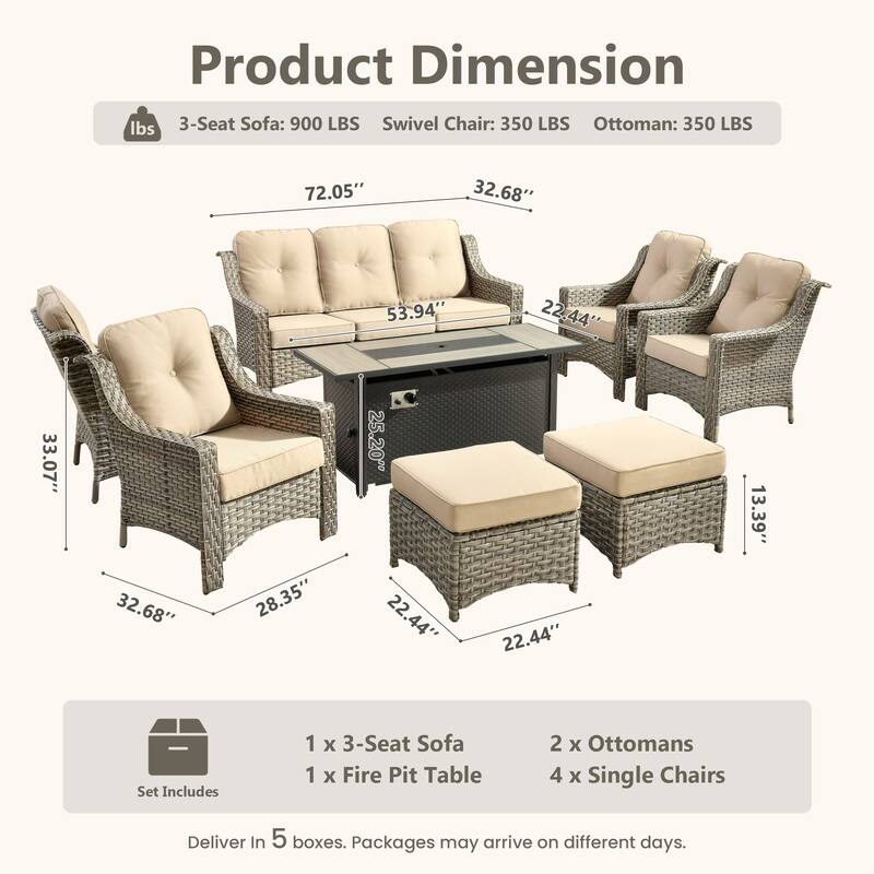 HOOOWOOO 8-piece Wicker Patio Ergonomic Conversation Set with 54" Fire Pit