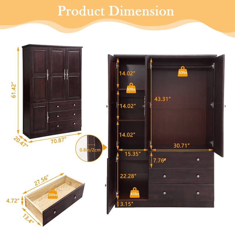 100% Solid Wood Black Walnut Armoire Wardrobe Closet with Drawer and Hanging Rod, Farmhouse Style Wardrobe Closet with 3 Door