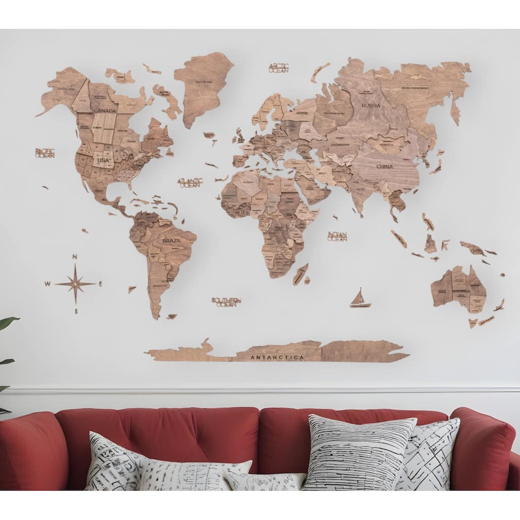 HomeRoots 47" X 79" Wood Brown Wood World Map Hanging Dimensional Sculpture