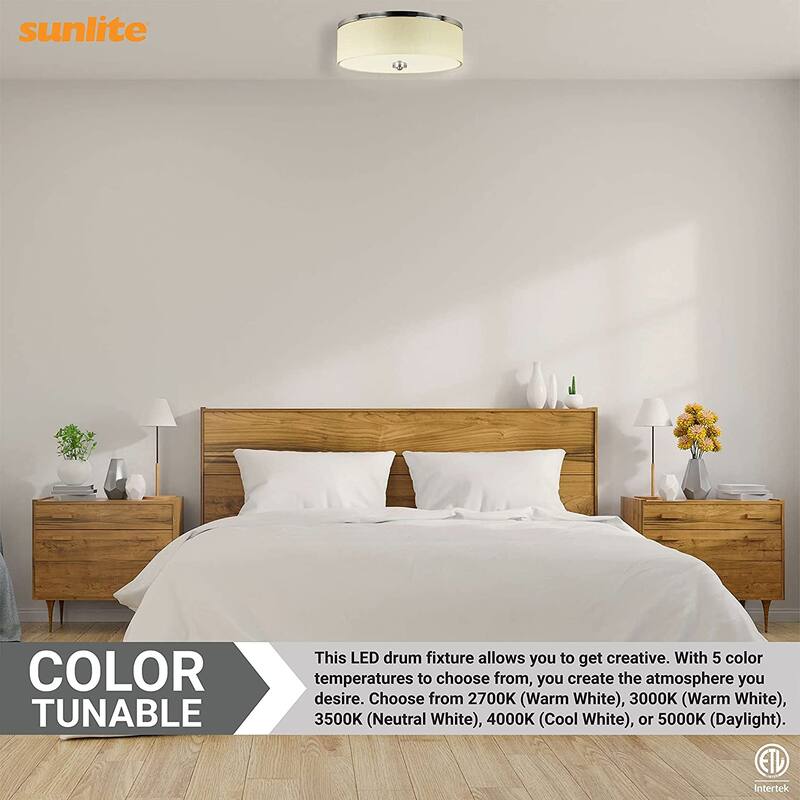 Sunlite 17 in. Brushed Nickel Fabric Drum LED Flush Mount Lighting Fixture, Color Selectable LED 2700K 3000K 3500K 4000K 5000K