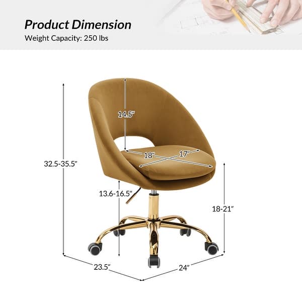 dimension image slide 10 of 18, HULALA HOME Ramona Modern Velvet Height Adjustable 360 Swivel Task Chair with Metal Base