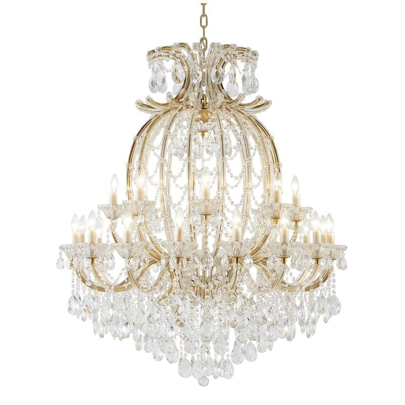 24-Light Satin Brass Chandelier With Clear Crystals