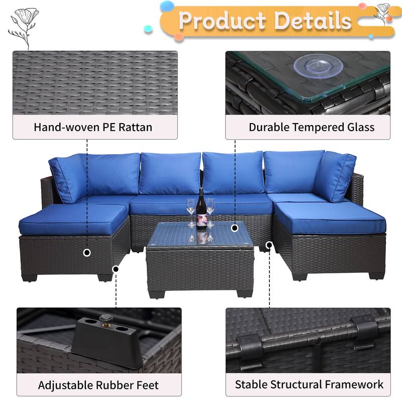 7 Piece Outdoor Furniture Set, All-Weather Garden Conversation Set, Outdoor Sectional Sofa with Coffee Table and Cushions