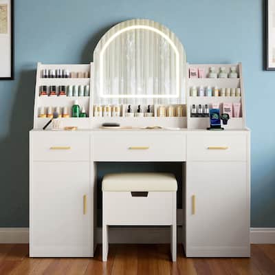 47.2" Makeup Vanity with LED Mirror, Charging Station, Cushioned Storage Stool, Drawers & Cabinets, White