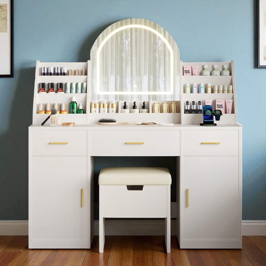 47.2" Makeup Vanity with LED Mirror, Charging Station, Cushioned Storage Stool, Drawers & Cabinets, White