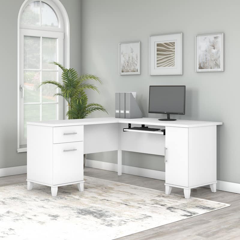 Bush Furniture Somerset 60W L Shaped Desk with Drawers and Storage - White
