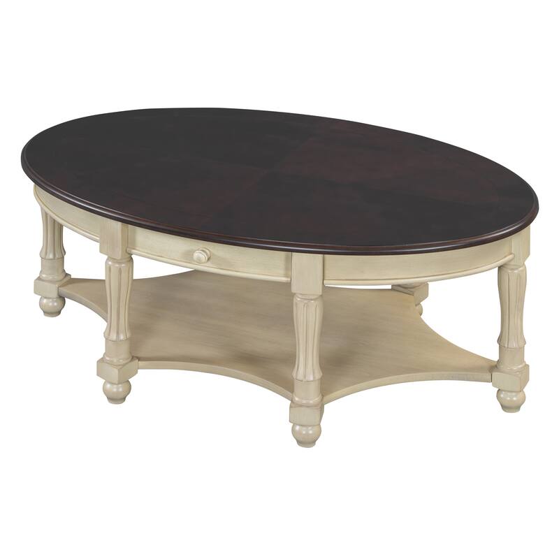 45" Wide Vintage Oval Coffee Table with Drawer and Storage Shelf