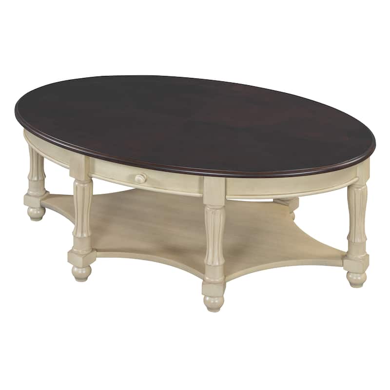 Wood Oval Coffee Table with Drawer and Storage Shelf, Carved Cocktail Table Accent Table with Turned Legs