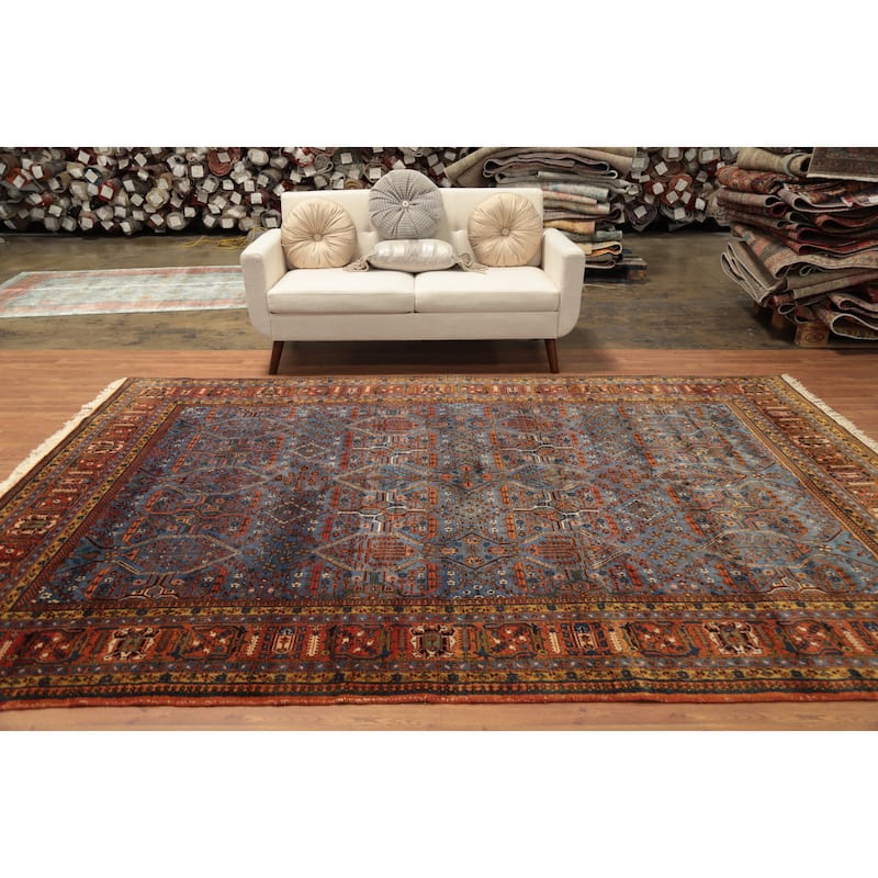 Hand Knotted Oriental 100% Wool Carpet Traditional Geometric Navy Blue & Blues Tabriz Area Rug - 10' 9'' X 7' 3''