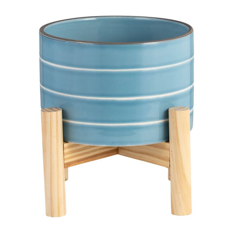 Sagebrook Home Ceramic Planter on Wooden Base Contemporary Coastal Sky Blue and White Striped Design Indoor or Outdoor - 6" x 6" x 6"