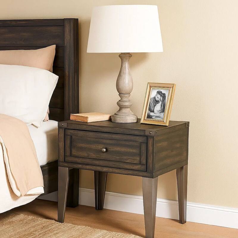 1 Drawer Wooden End Table with Metal Angled Legs, Brown