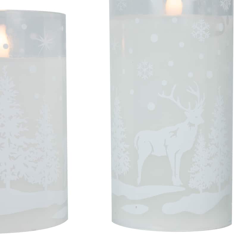 3 Snowy Woodland Flameless LED Flickering Christmas Pillar Candles 6"
